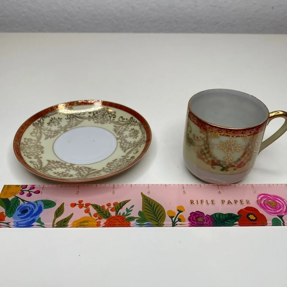 Ishihara China Cup and Saucer Set Cream Gold Red Floral Made‎ in Occupied Japan
